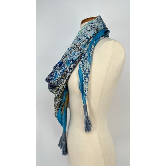 Johnny Was Silk Tassel Scarf Patchwork Mixed Print Square Wrap Blue Gray Green - Picture 9 of 12